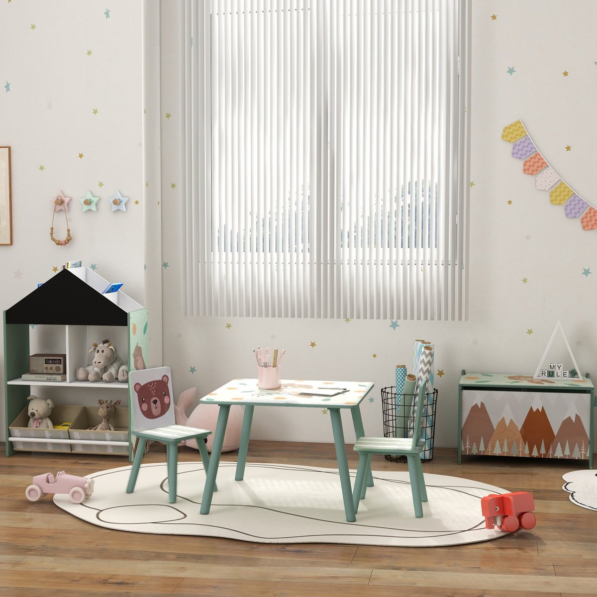 Ensemble table et chaises pour enfants Bois vert avec motifs animaux, ZONEKIZ
