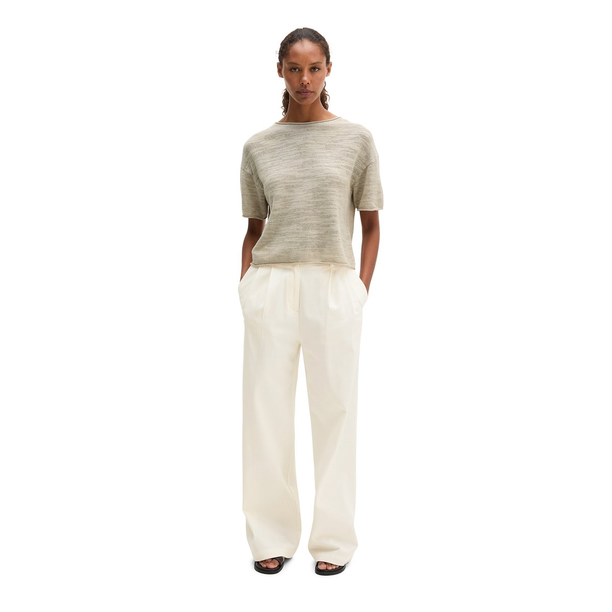 Pull à manches courtes Slub loose en mélange de lin et de coton beige, MARC O'POLO