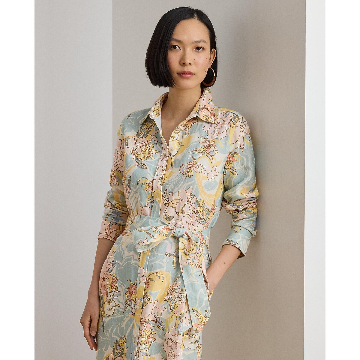 Vestido camisero de manga larga de lino con estampado de flores estampado crudo, LAUREN RALPH LAUREN
