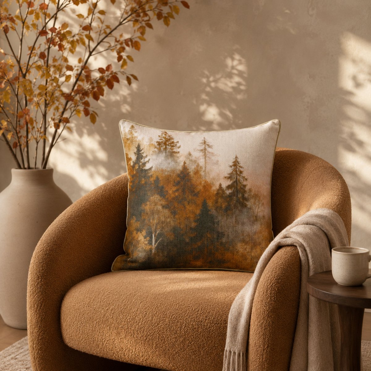 Coussin réversible imprimé aquarelle forêt - QABANE tabac, HOME MAISON