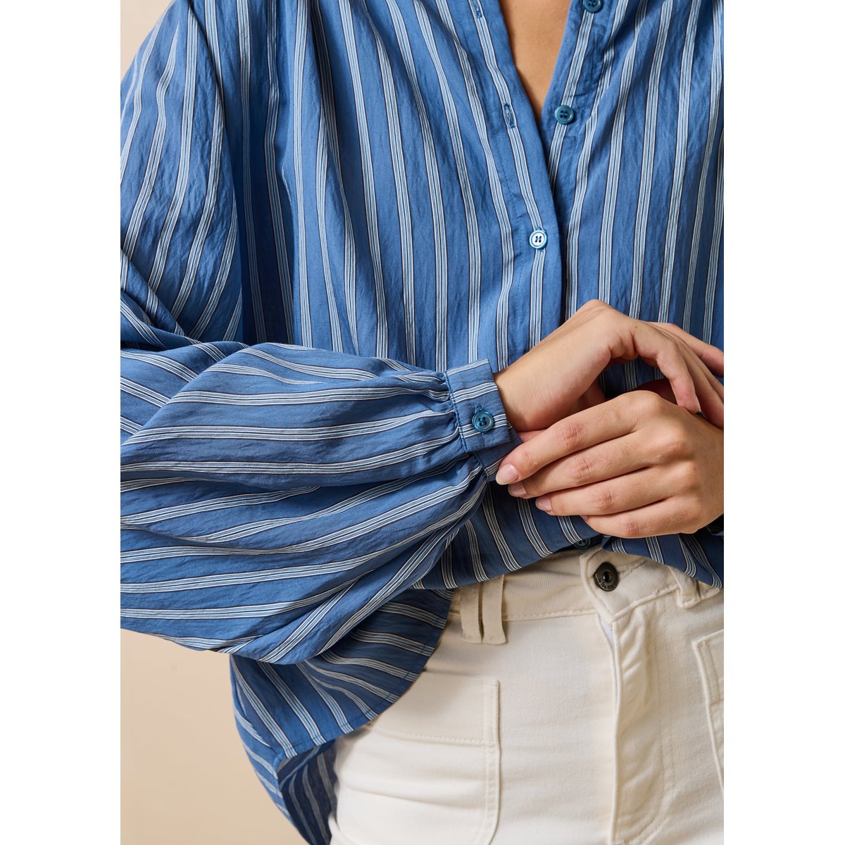 Chemise à rayures manches longues col mao bleu, LA FEE MARABOUTEE