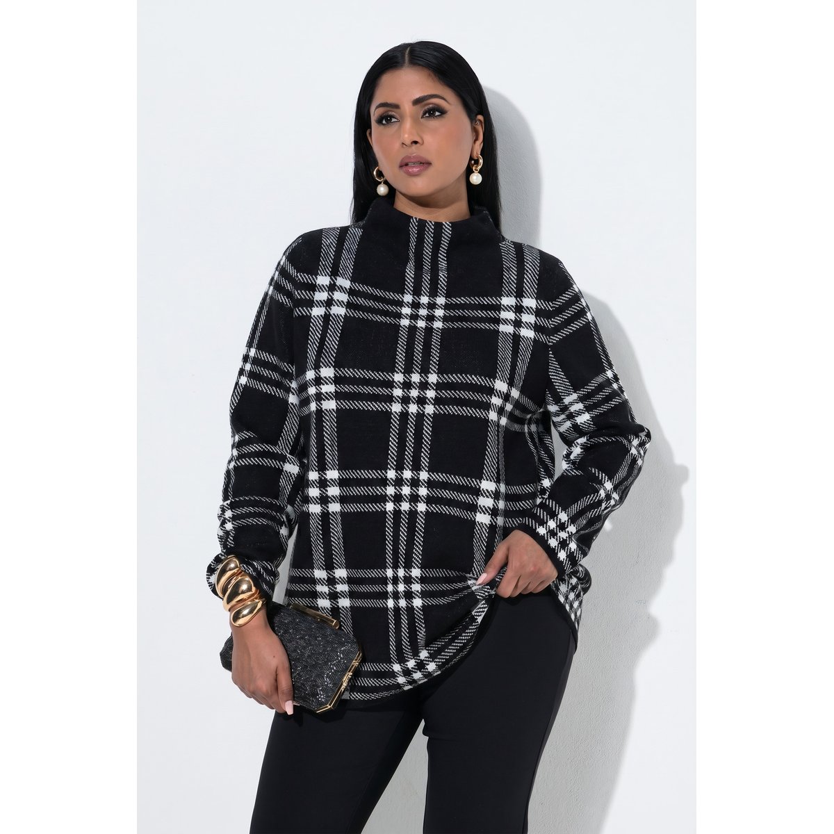 Pull à carreaux, effet scintillant noir, ULLA POPKEN