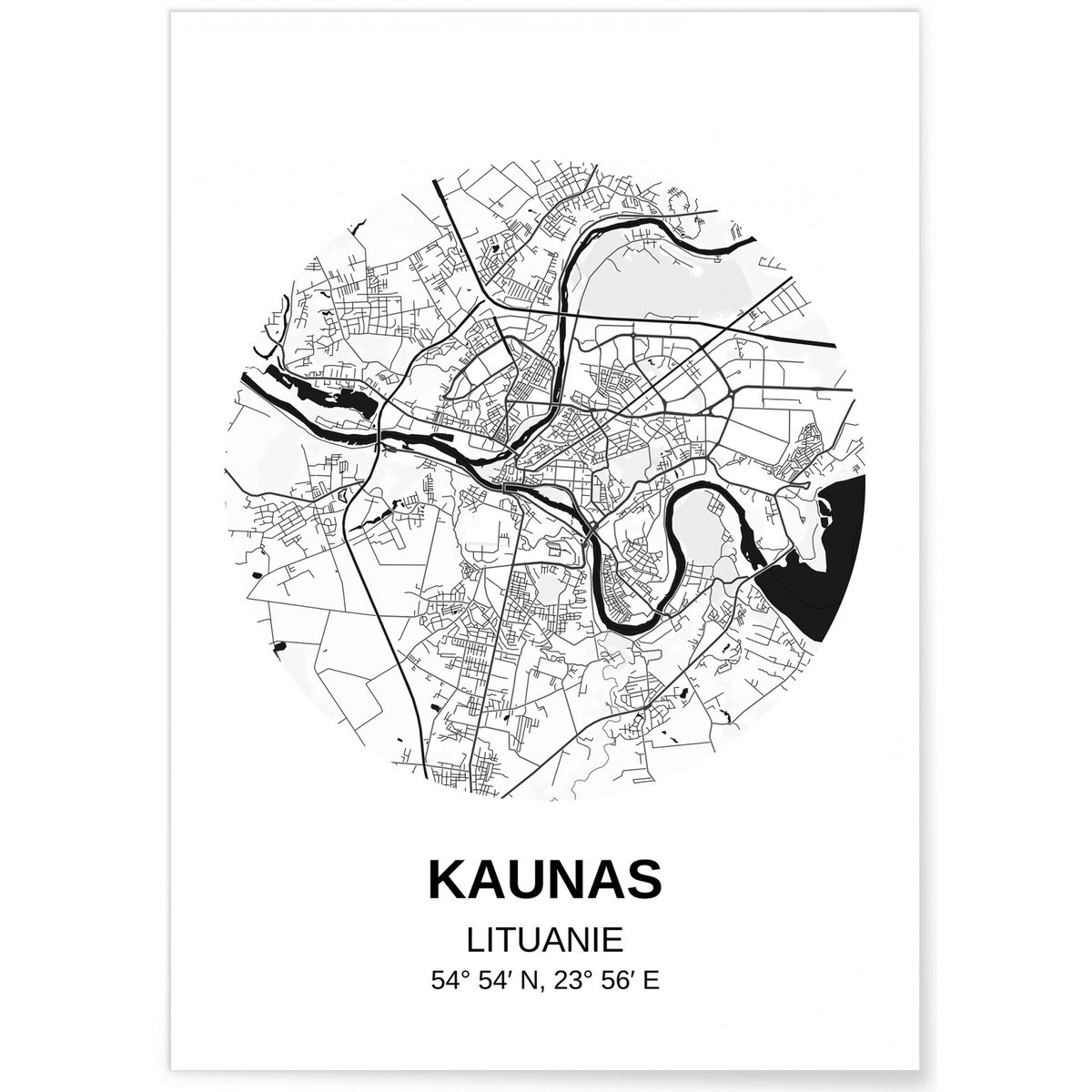Affiche Carte Kaunas blanc, L'AFFICHERIE