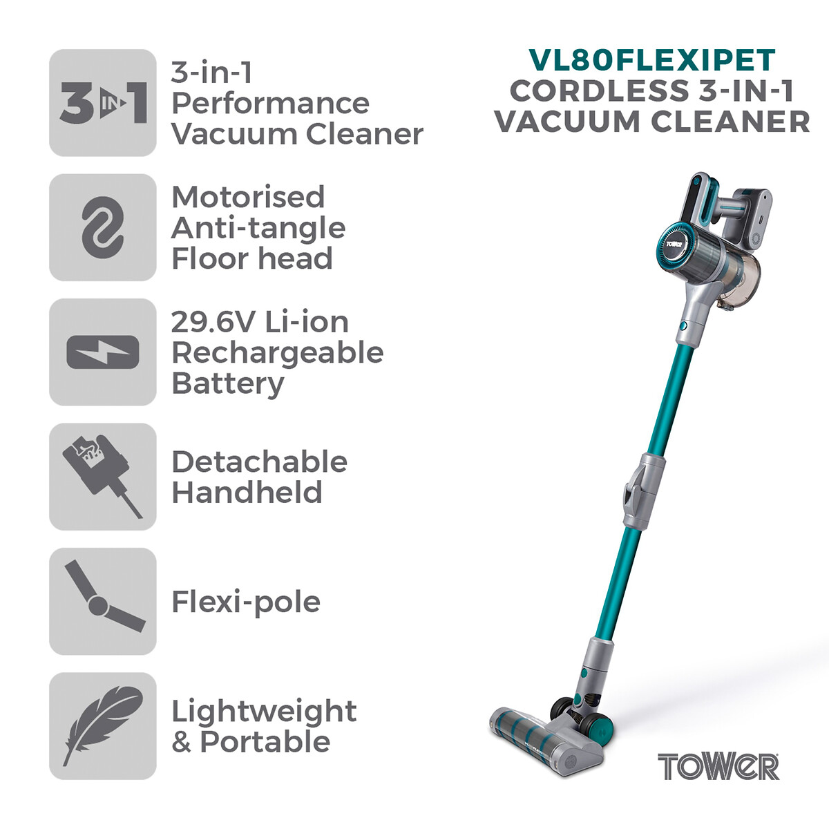 VL80 Flexi Pet Cordless Anti Tangle Vacuum - T513011 teal, TOWER