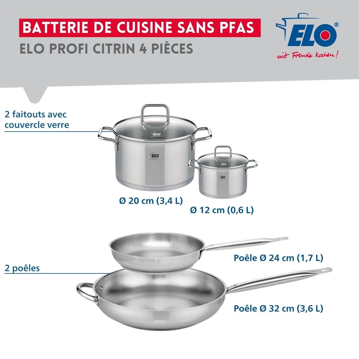 Batterie 2 poêles 24/32cm + 2 faitouts 12/20cm PROFI CITRIN gris, ELO