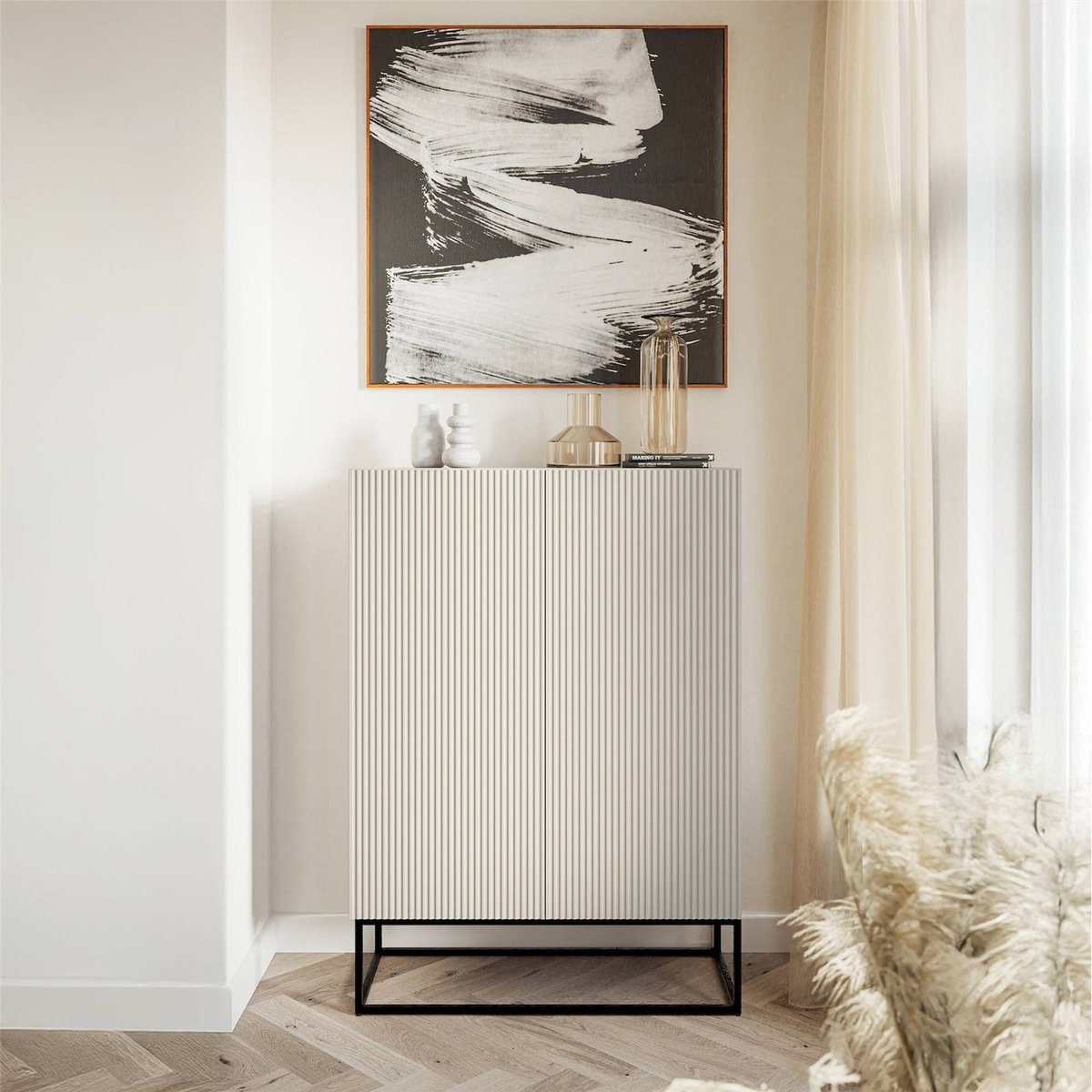 Commode 2 portes rainurée VELDIO en métal gris beige et noir, RECOLLECTION
