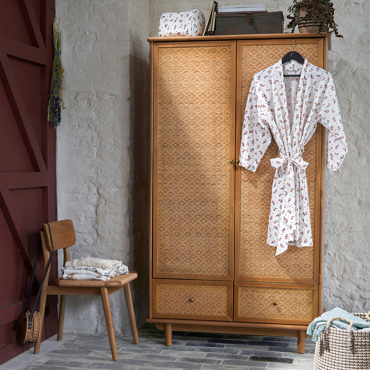 Armoire pin massif et cannage, Orient pin ciré, LA REDOUTE INTERIEURS