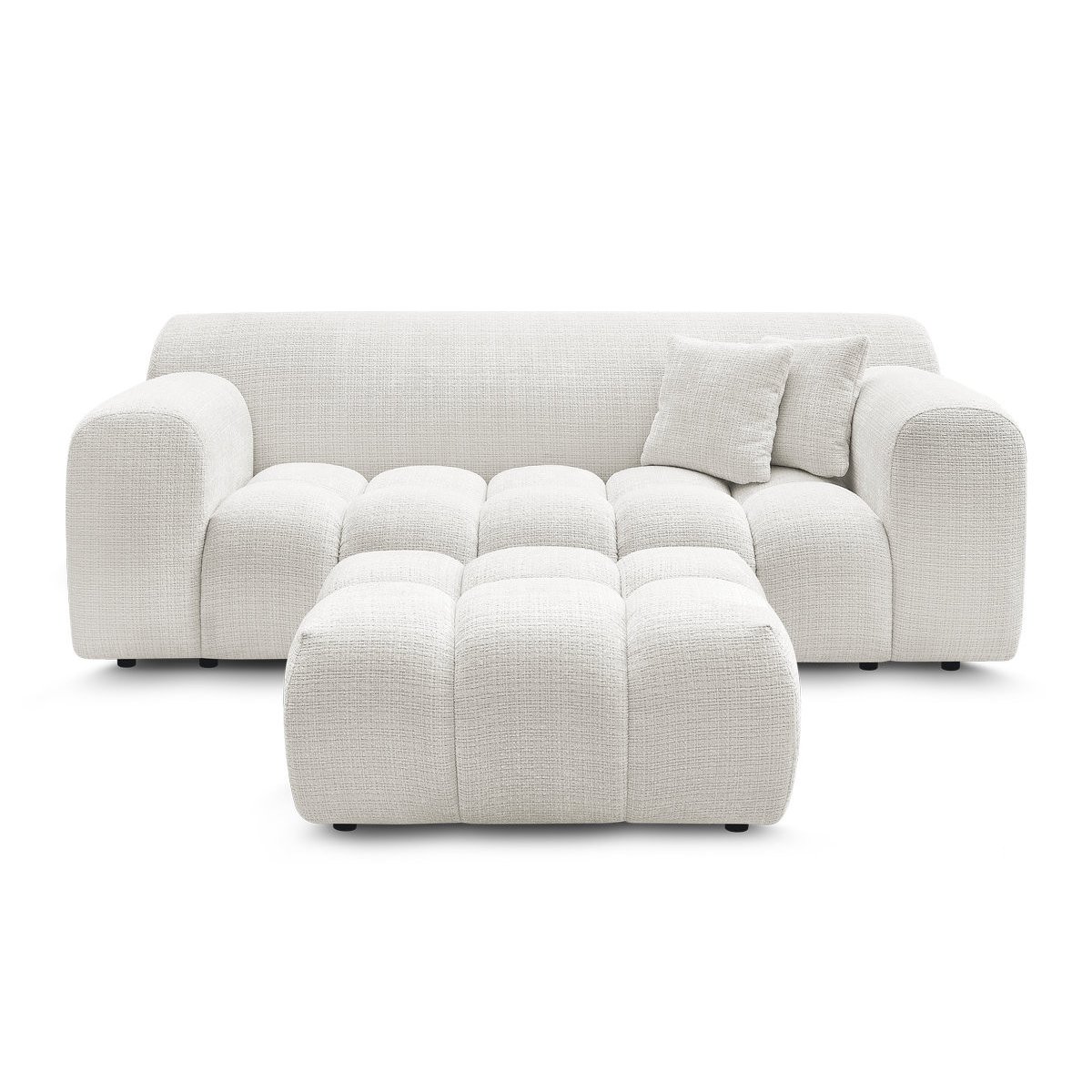 Canapé droit fixe 2 places en tissu texturé avec pouf, MELISSE blanc, BOBOCHIC