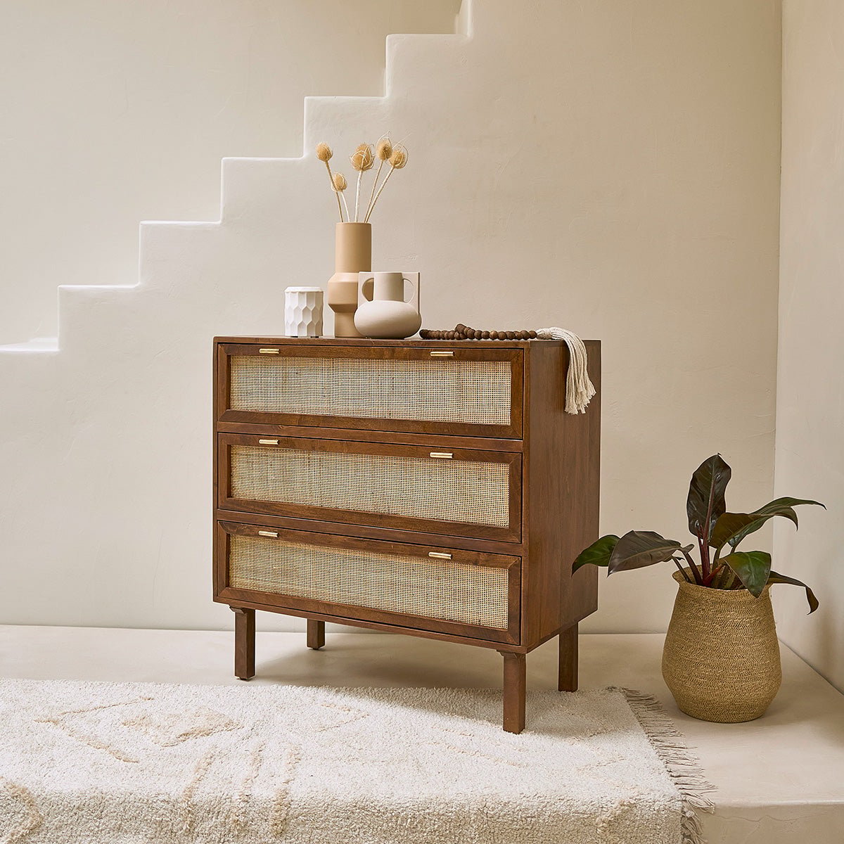 Commode en bois et cannage 90 cm 3 tiroirs RAPHAEL marron, BERAH GETAH
