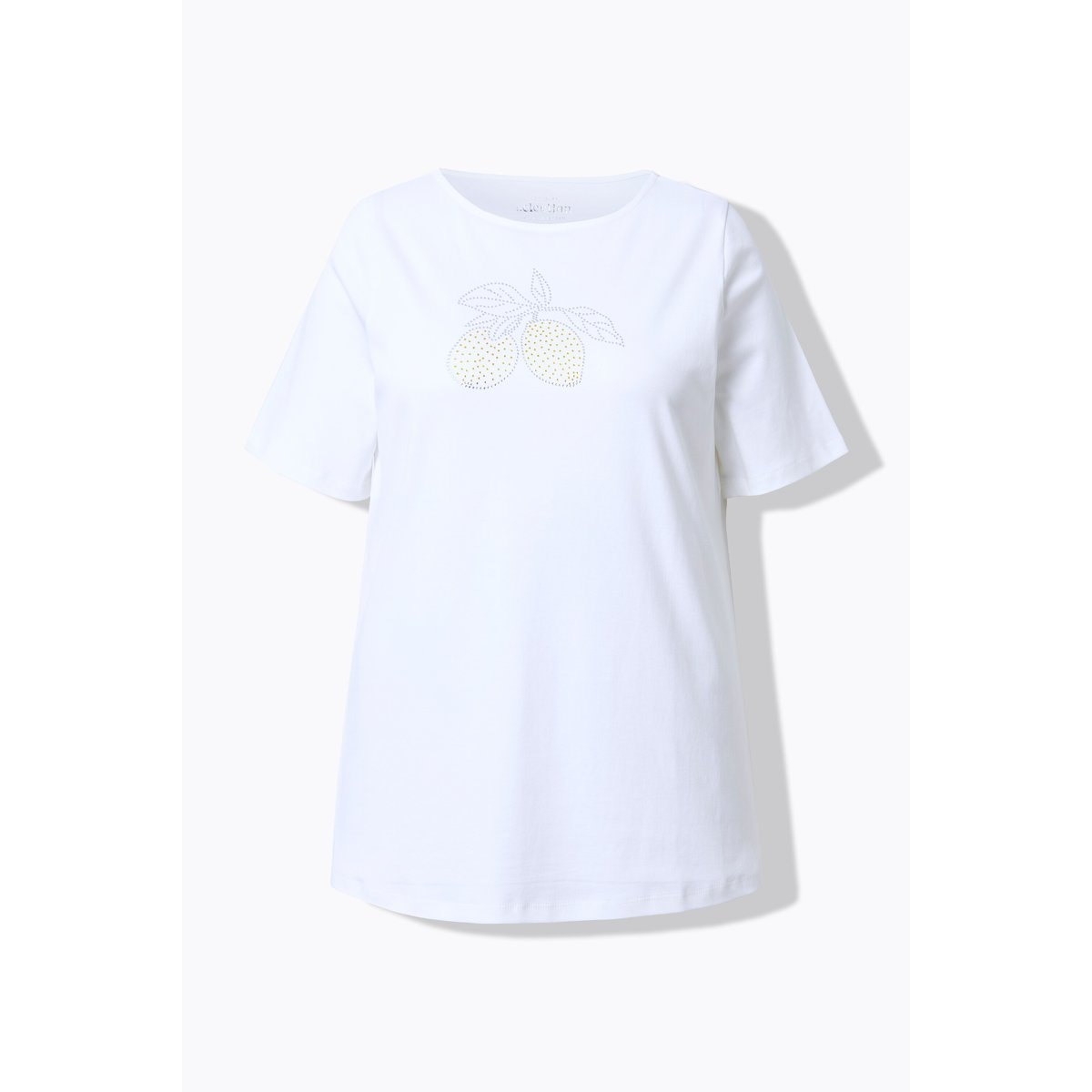T-shirt en coton Pima. Motif citrons. Col blanc neige, ULLA POPKEN