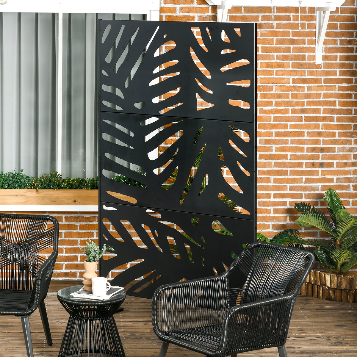 Panneau décoratif extérieur métal - brise vue motif feuilles - acier noir noir, OUTSUNNY