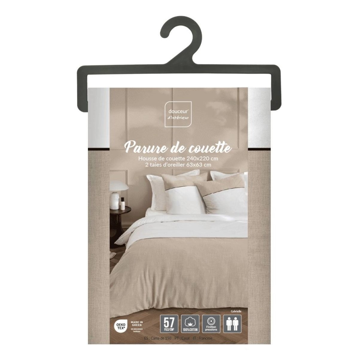 Housse De Couette 260x240 + 2 Taies Bicolore 100% Coton 57fils blanc, DECORATIE