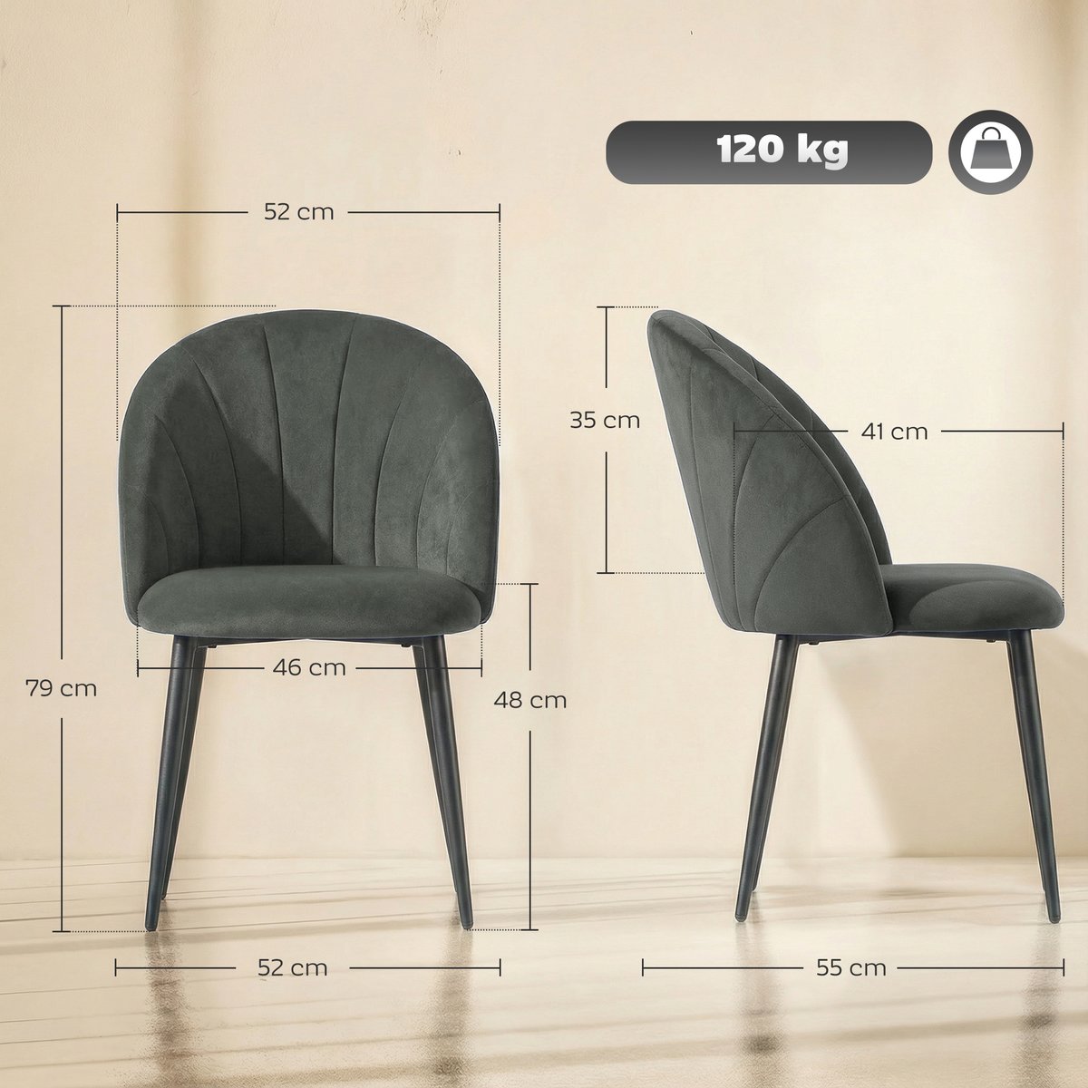 Chaise de salle à manger Velours (100 % gris et noir, HOMCOM