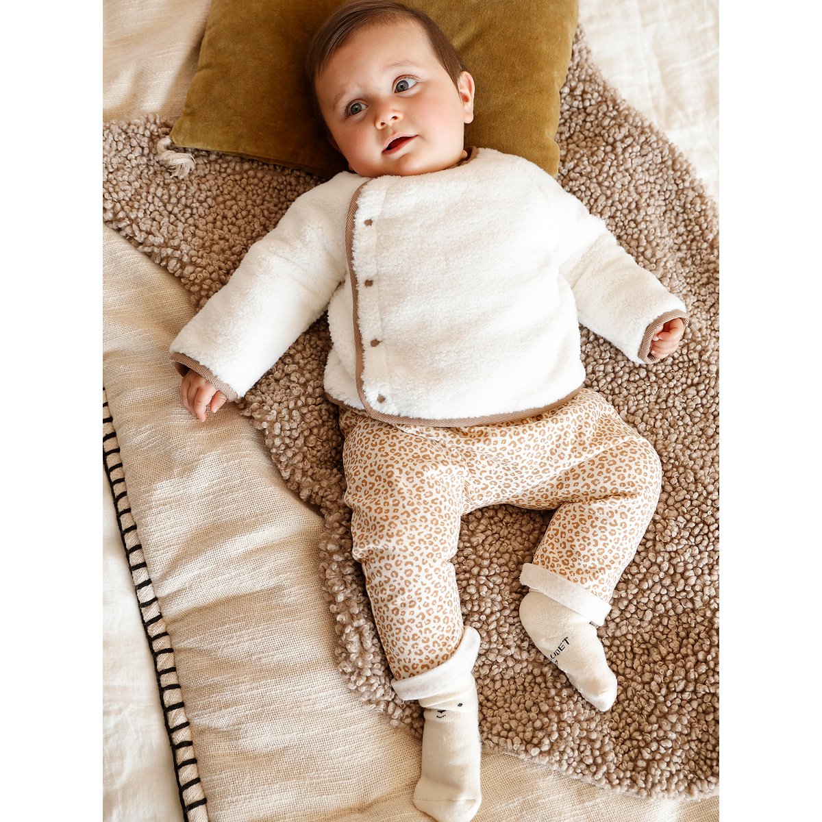 Pull naissance en sherpa boutonné devant écru, VERTBAUDET