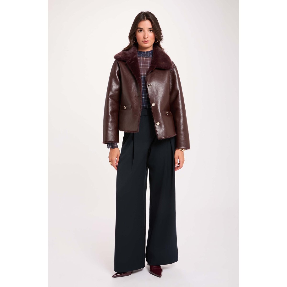 Manteau court col tailleur prune, MORGAN
