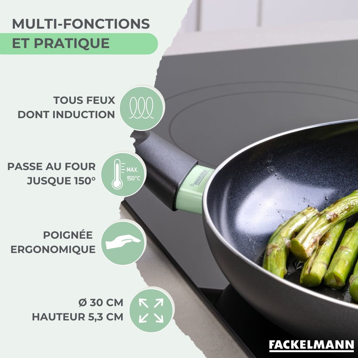 Set poêle antiadhésive céramique 30 cm et 6 ustensiles BRANDAO noir|vert, FACKELMANN
