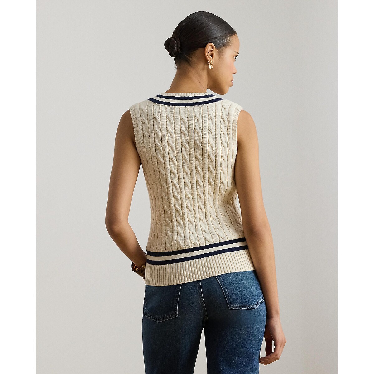 Pull col V sans manches torsadé crème, LAUREN RALPH LAUREN