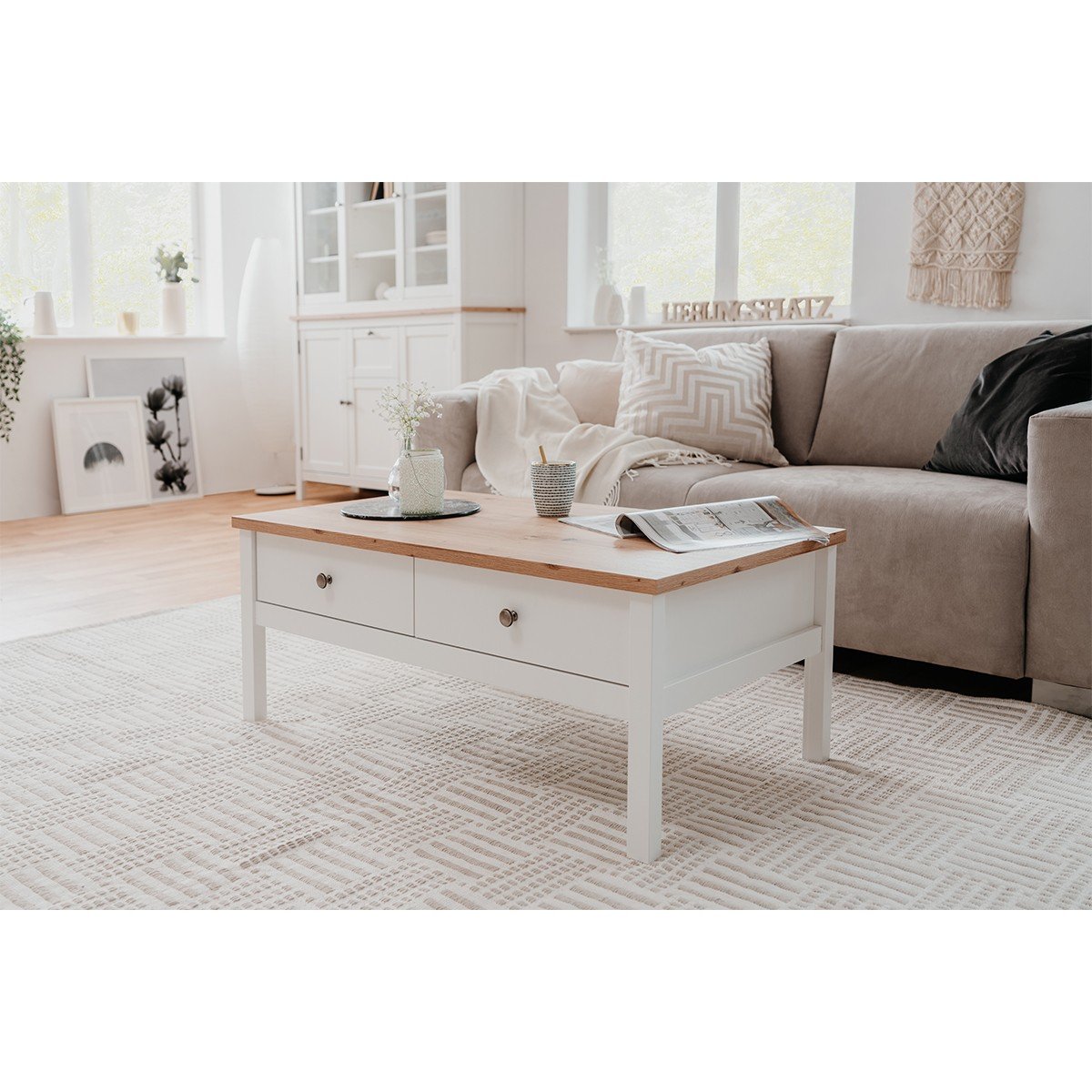 Table Basse 2 tiroirs L100 cm - Décor Blanc - BERGEN blanc, CALICOSY