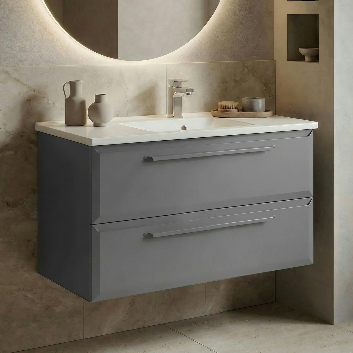 Meuble 2 tiroirs 100 cm + vasque NEREE gris, PIER IMPORT