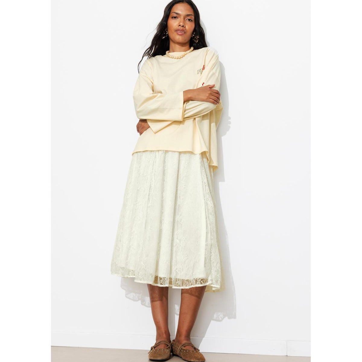 Jupe midi en dentelle ecru, PROMOD