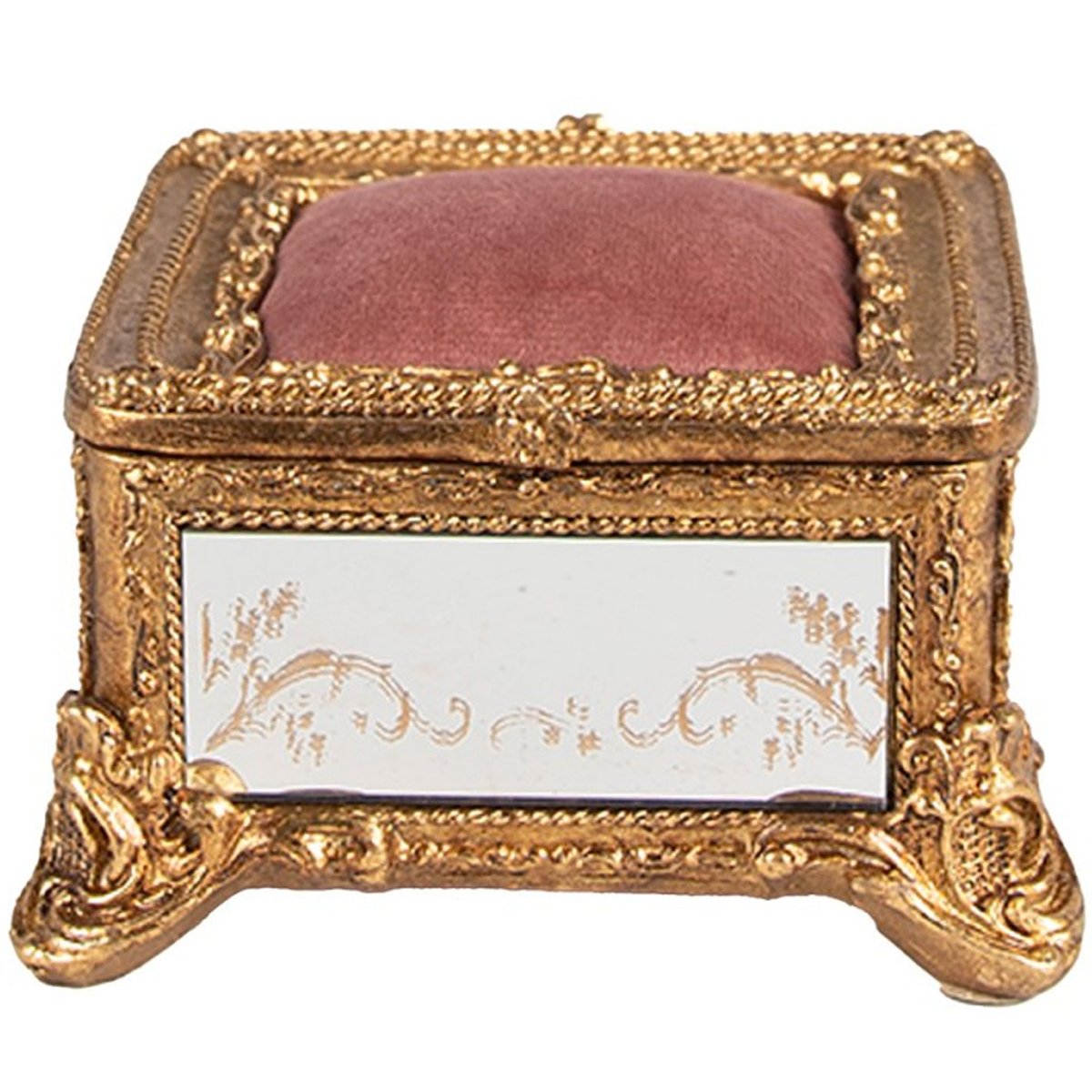 Boîte à bijoux polyrésine dorée et miroirs avec coussin velours rose 12x12x7cm doré, WADIGA