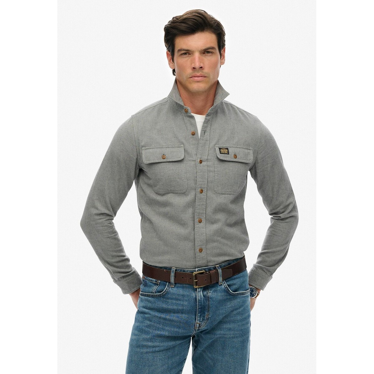 Chemise unie en flanelle gris bleu, SUPERDRY