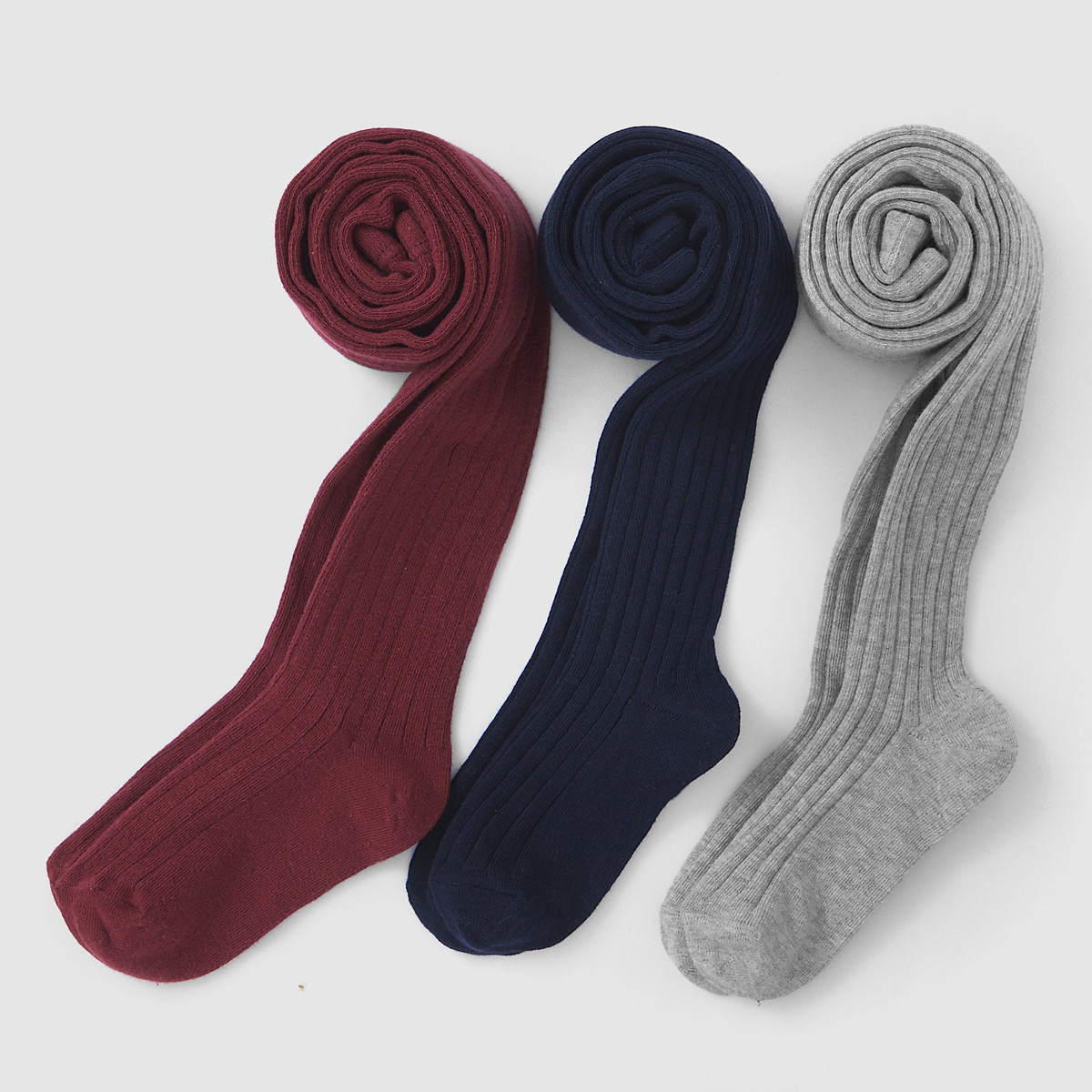 Lot de 3 collants unis côtelés gris + bordeaux + marine, LA REDOUTE COLLECTIONS
