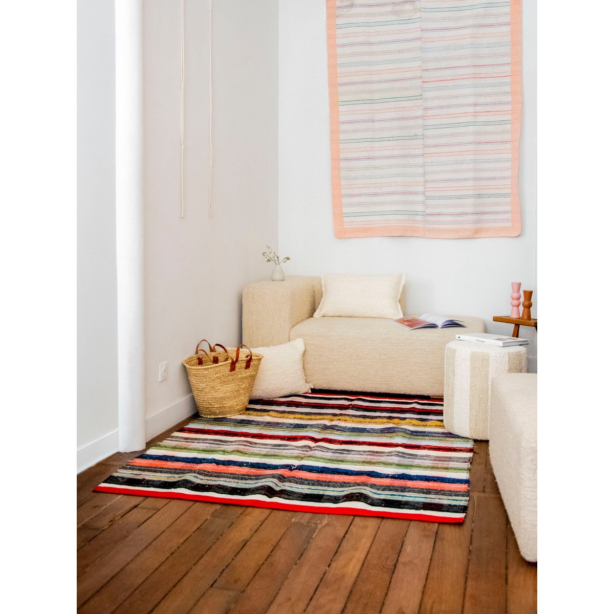 Tapis artisanal rayé Olivier N°122 - Bon état multicolore, DEBONGOUT