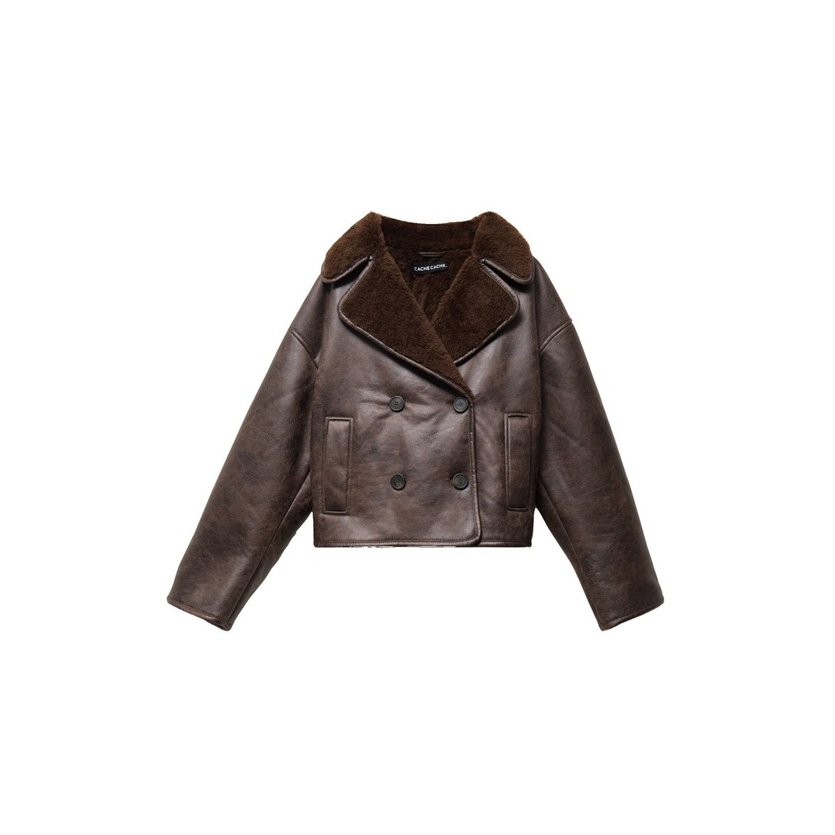 Caban cropped droit col tailleur marron foncé, CACHE CACHE