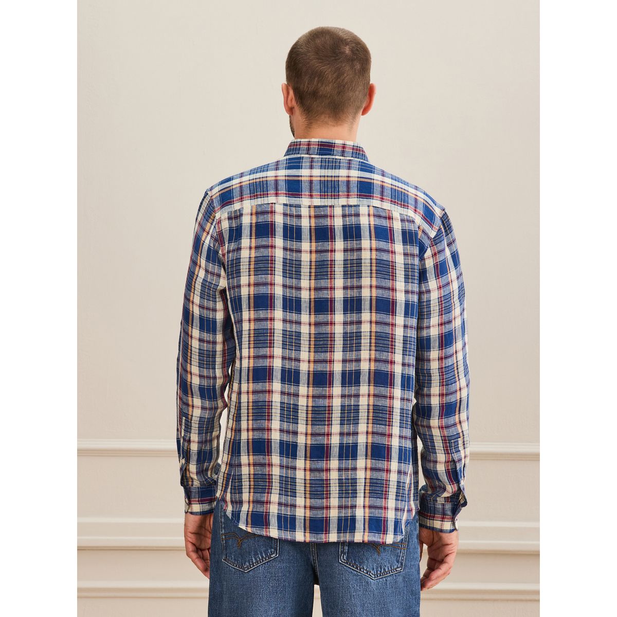 Chemise manches longues lin à carreaux rouge, NEXT