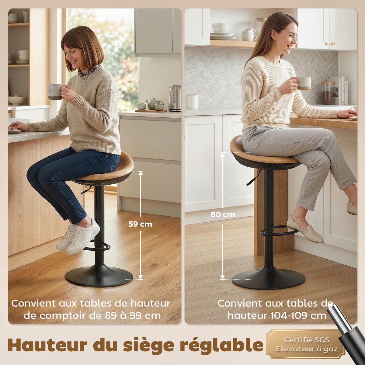 Tabouret de bar PU Chêne chêne, noir, HOMCOM