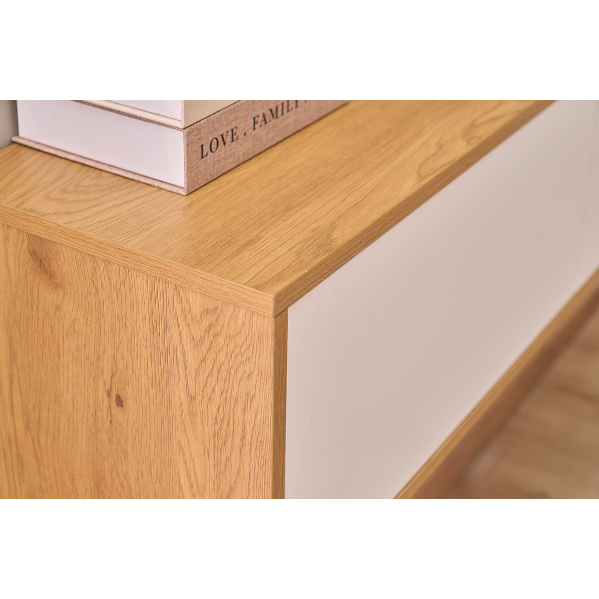 Meuble TV suspendu finition blanche et bois clair chêne L120 cm FLEXO bois clair / blanc, MILIBOO