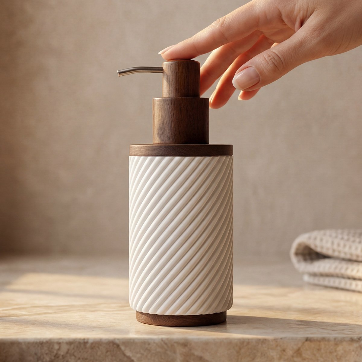 Distributeur de savon - Résine blanche et bois - ASCOLI blanc, MAISON AUBERTIN