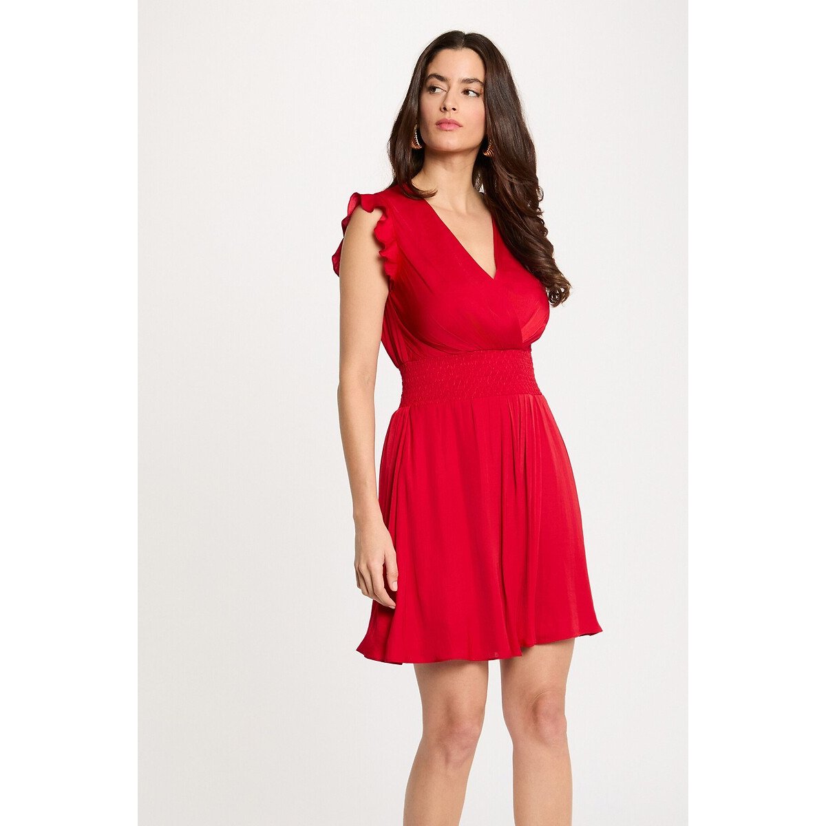 Robe courte manches courtes col V rouge, MORGAN
