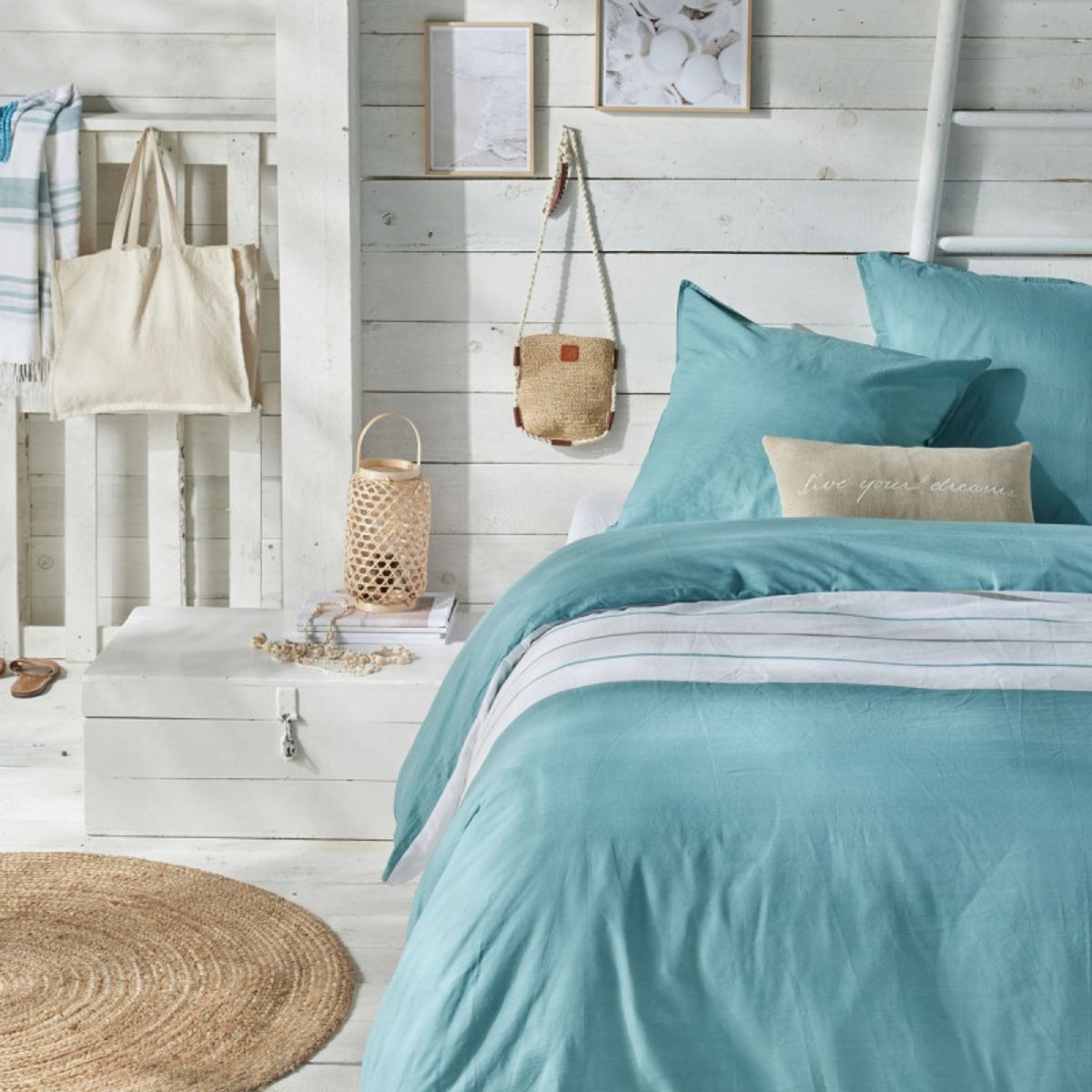 Parure de lit imprimé Rayures coton SEA SIDE bleu, TODAY