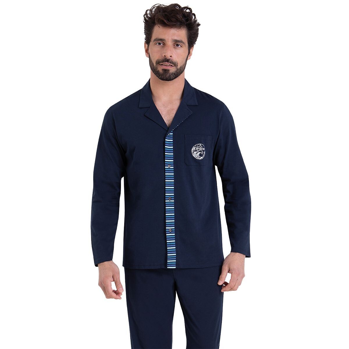 Pyjama long col chemise en coton bleu + marine, ATHENA