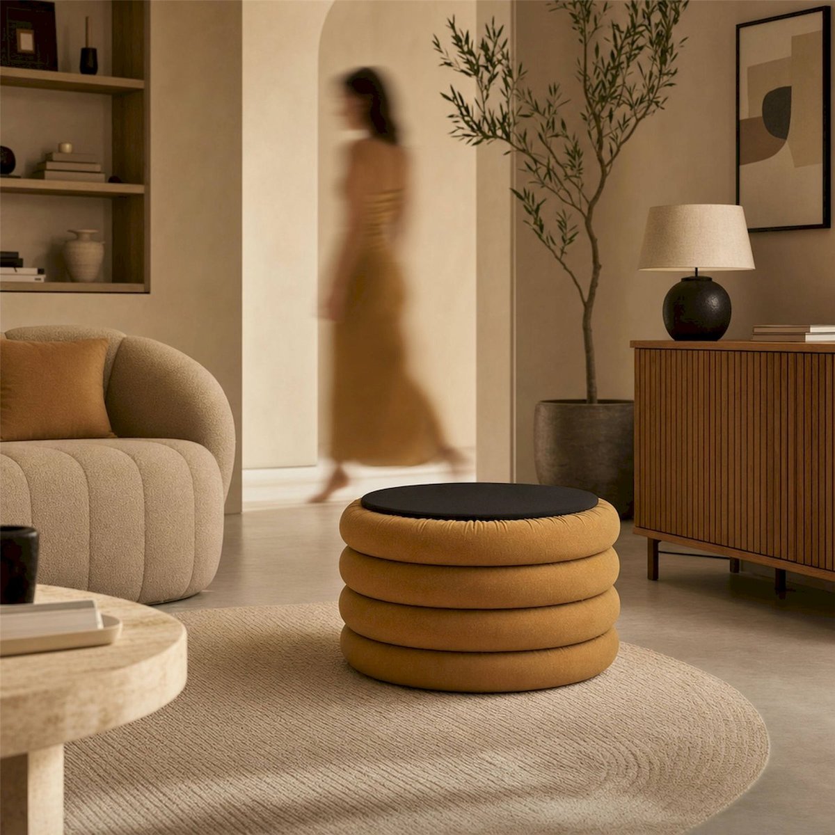 Pouf rond en tissu ocre, RECOLLECTION