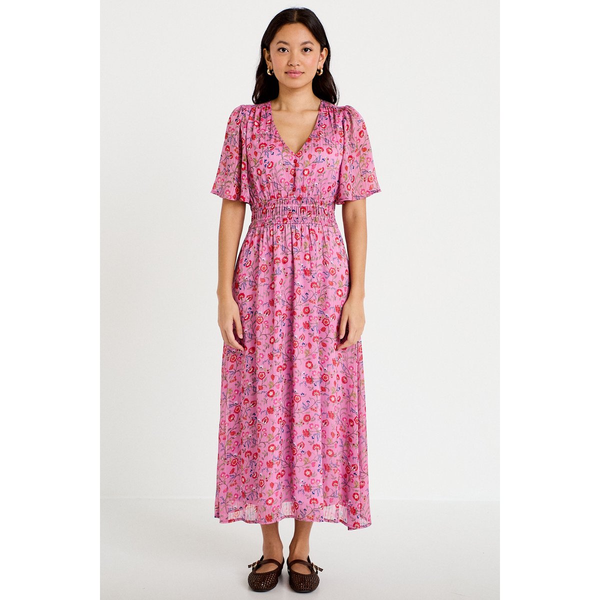 Robe longue évasée voile manches courtes rose, CACHE CACHE