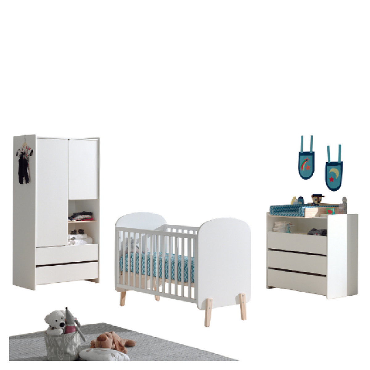 KIDDY Lit bébé + Commode 3 tiroirs + Plan à langer + Armoire bleu, VIPACK