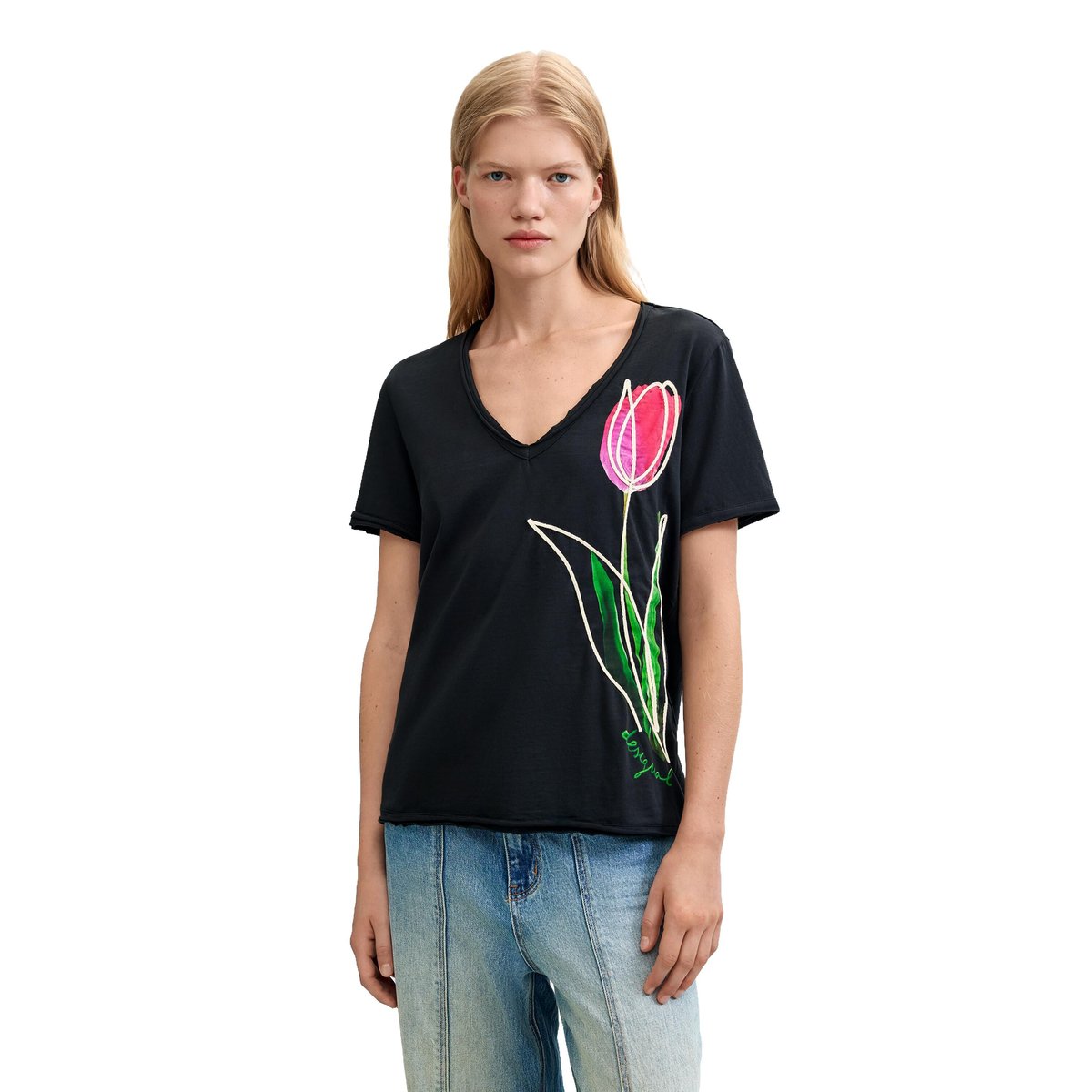 T-shirt à imprimé floral 100 % coton noir, DESIGUAL