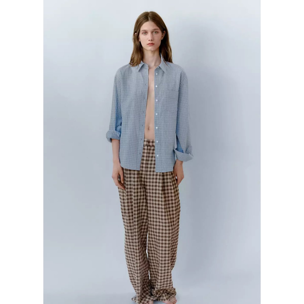 Pantalon droit à carreaux vichy marron, MANGO