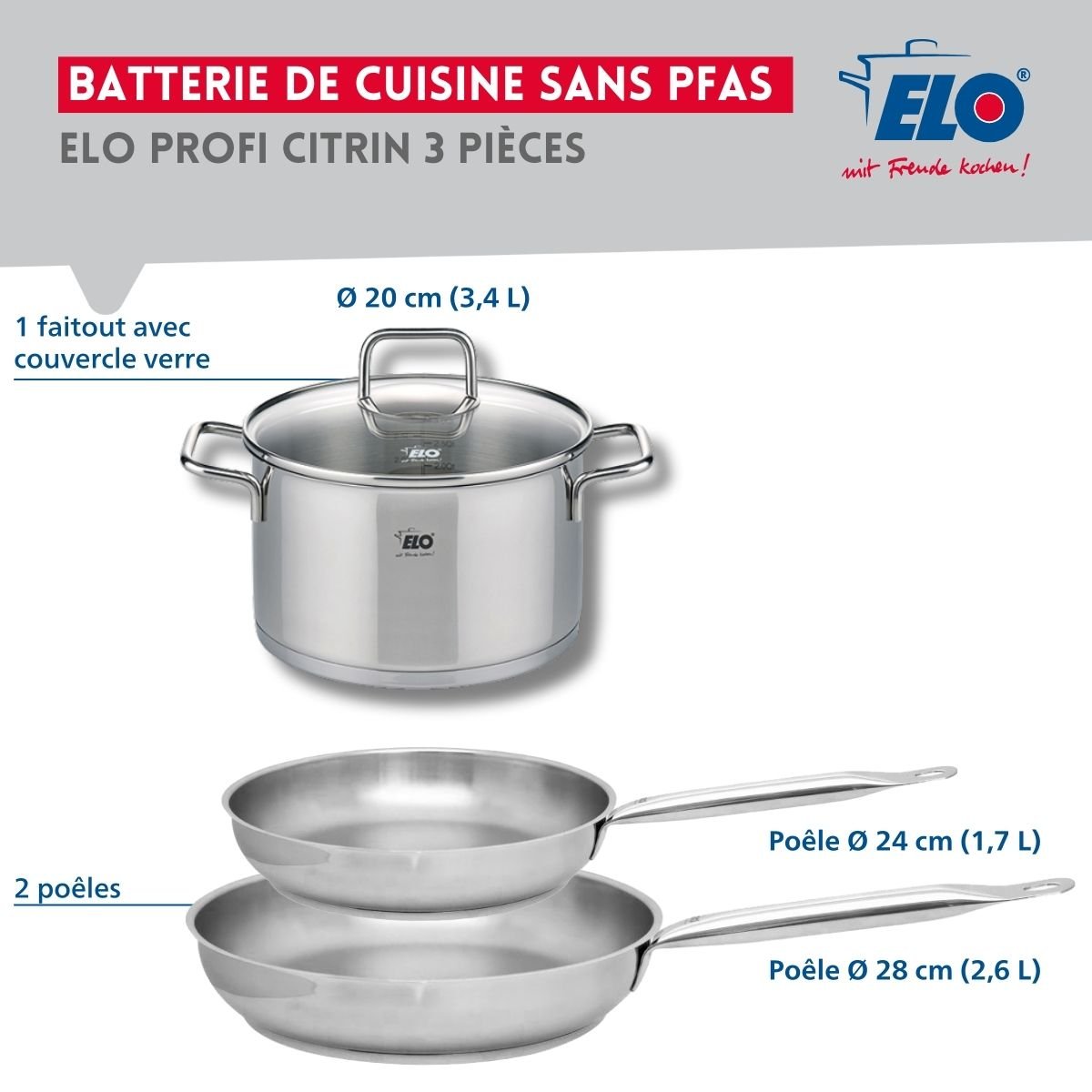 Batterie 2 poêles 24/28cm + 1 faitout 20cm PROFI CITRIN gris, ELO