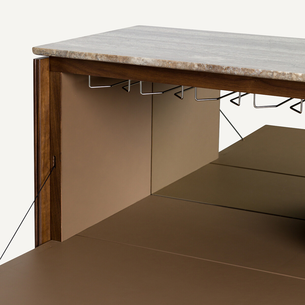 Meuble bar noyer, plaqué noyer et travertin, Jakto noyer, AM.PM