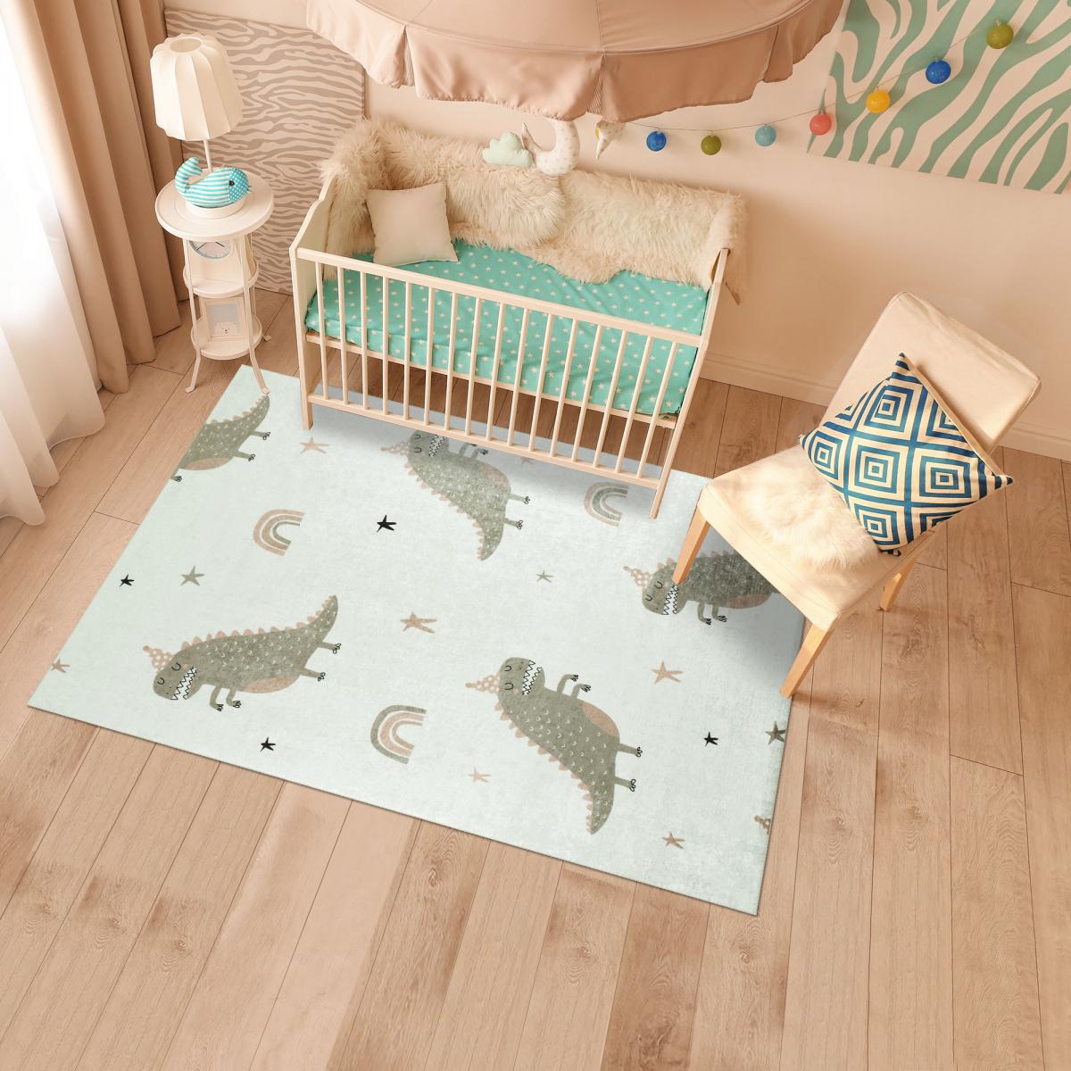 Tapis enfant tissé MONSTRO vert, crème, UN AMOUR DE TAPIS