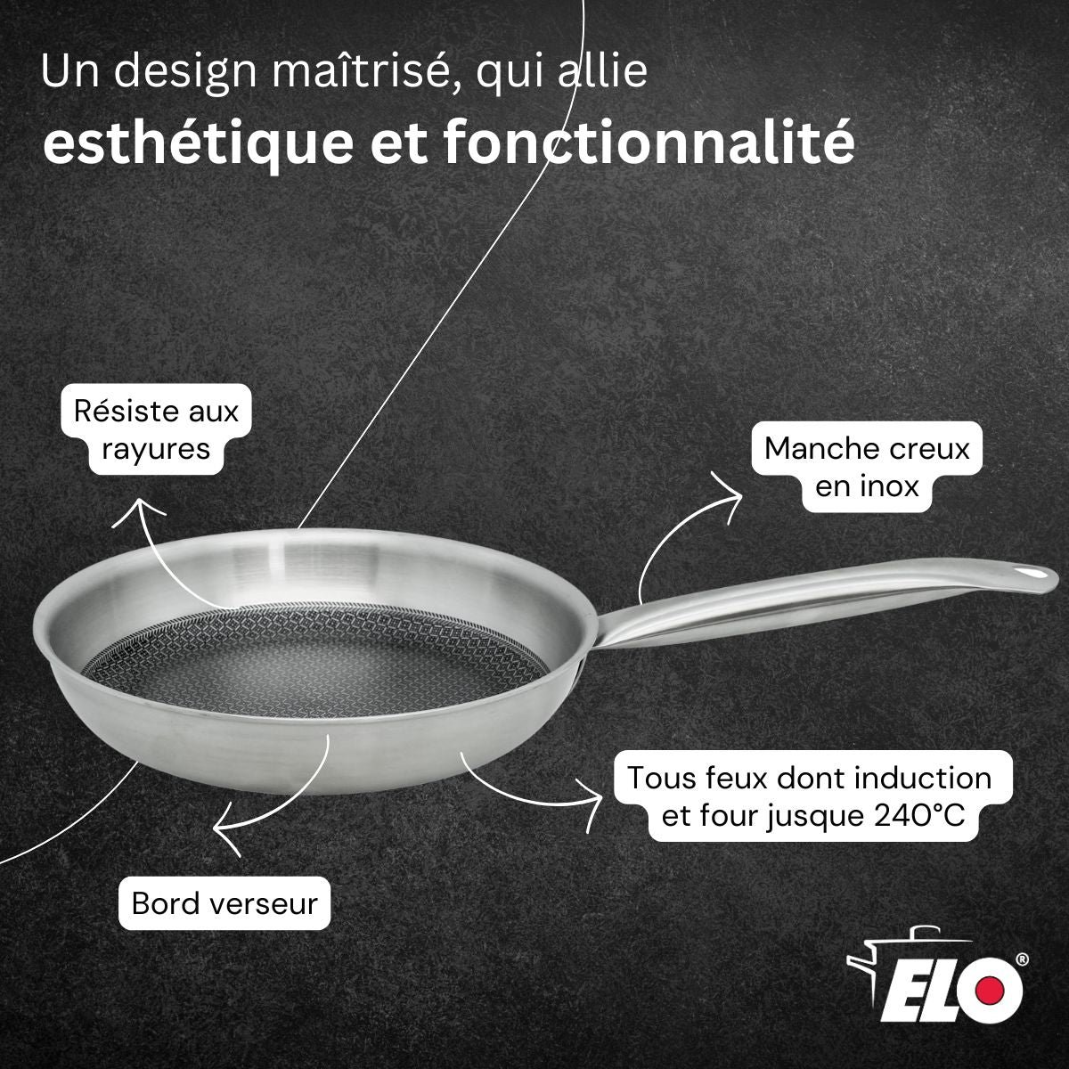 Poêle en acier inoxydable 18/10 24 cm RELIEF SOLUTION noir,aluminium, ELO