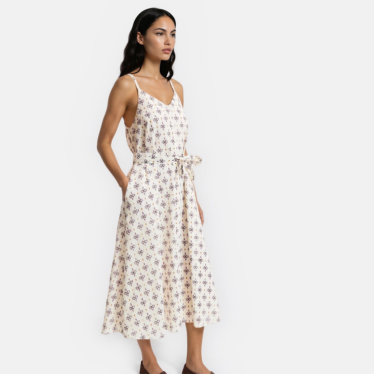 Printed Shoestring Strap V-Neck Midi Dress mauve print, LA REDOUTE COLLECTIONS