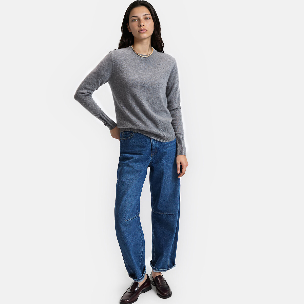 Trui met ronde hals, in fijn tricot, kasjmier mêleegrijs, LA REDOUTE COLLECTIONS