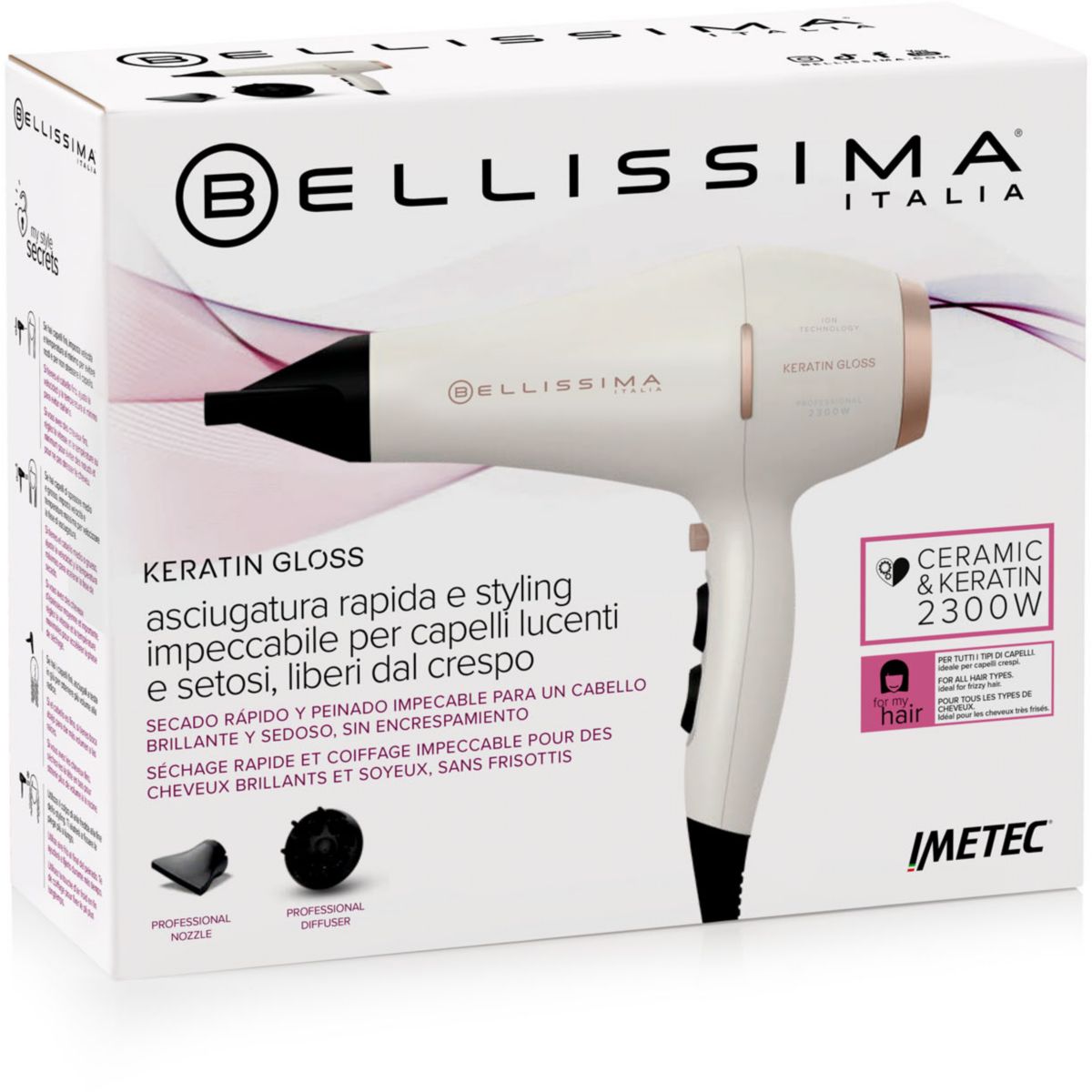 Sèche cheveux professionnel Keratin Gloss couleur unique, BELLISSIMA
