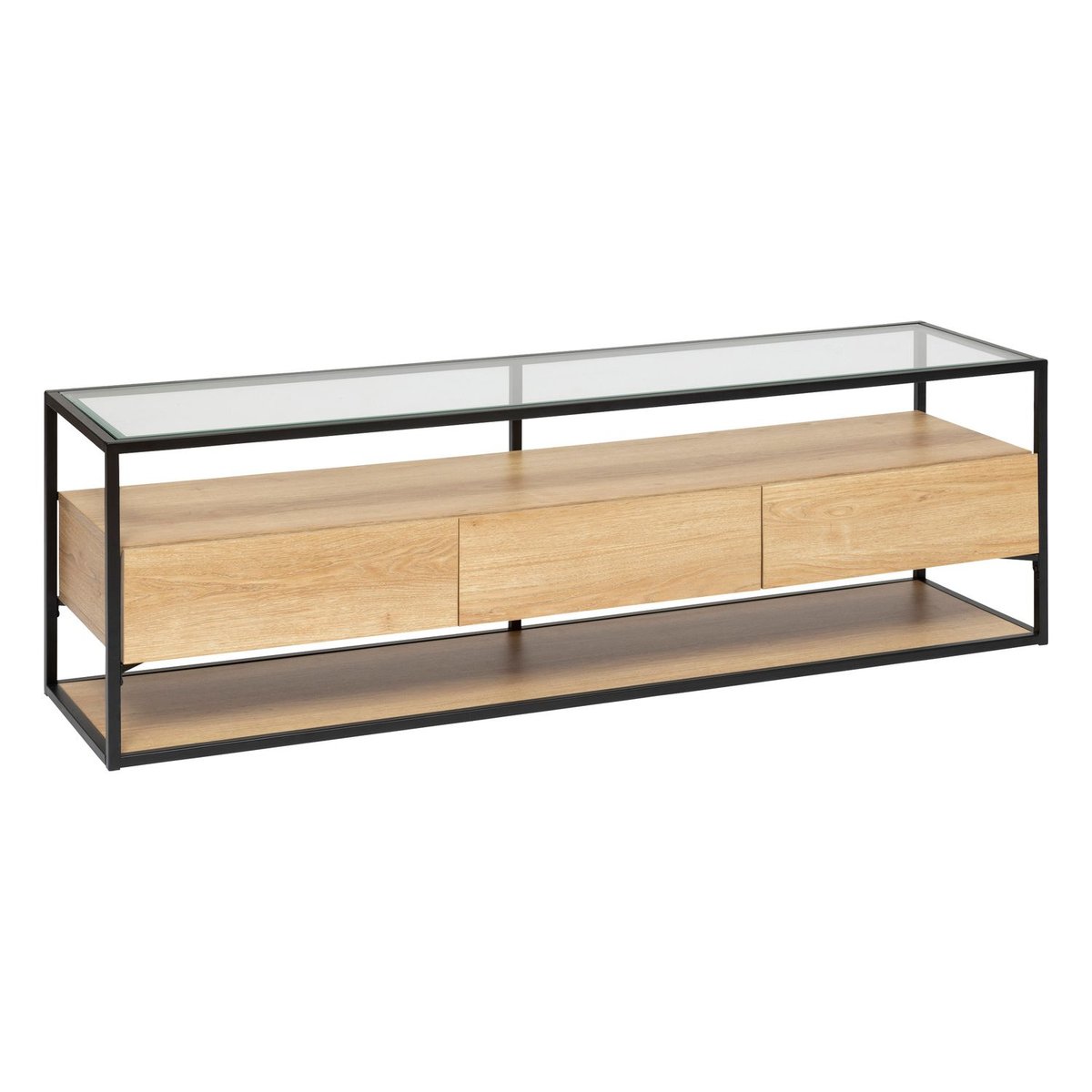 Meuble TV 3 tiroirs effet bois et verre ALDEA beige, ATMOSPHERA