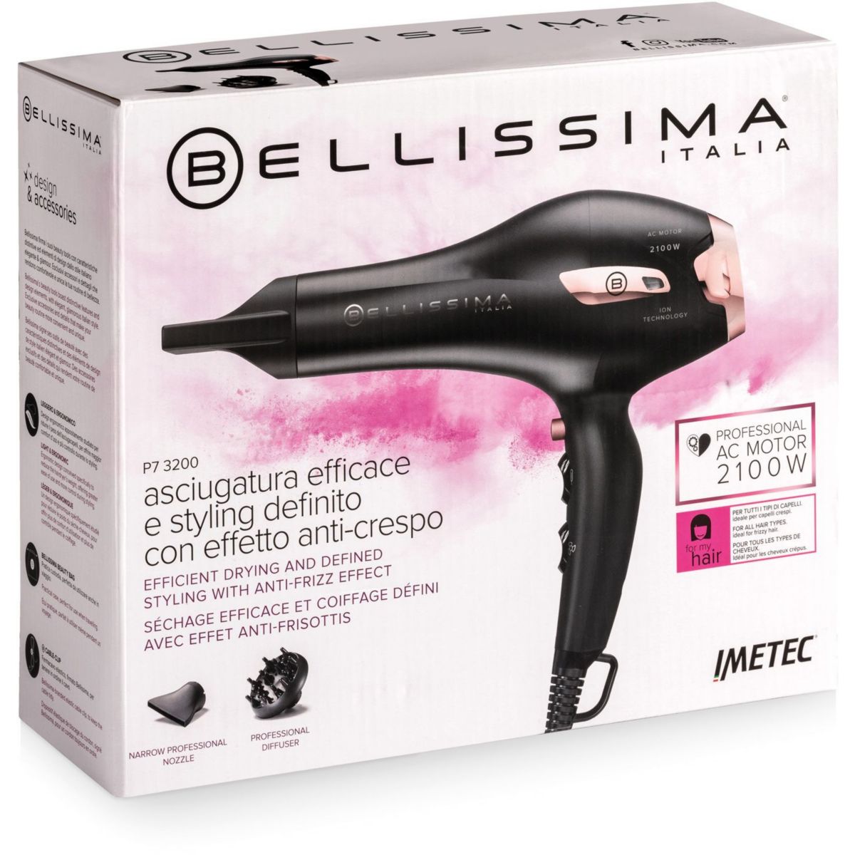 Sèche cheveux professionnel P7 3200 rose et noir, BELLISSIMA